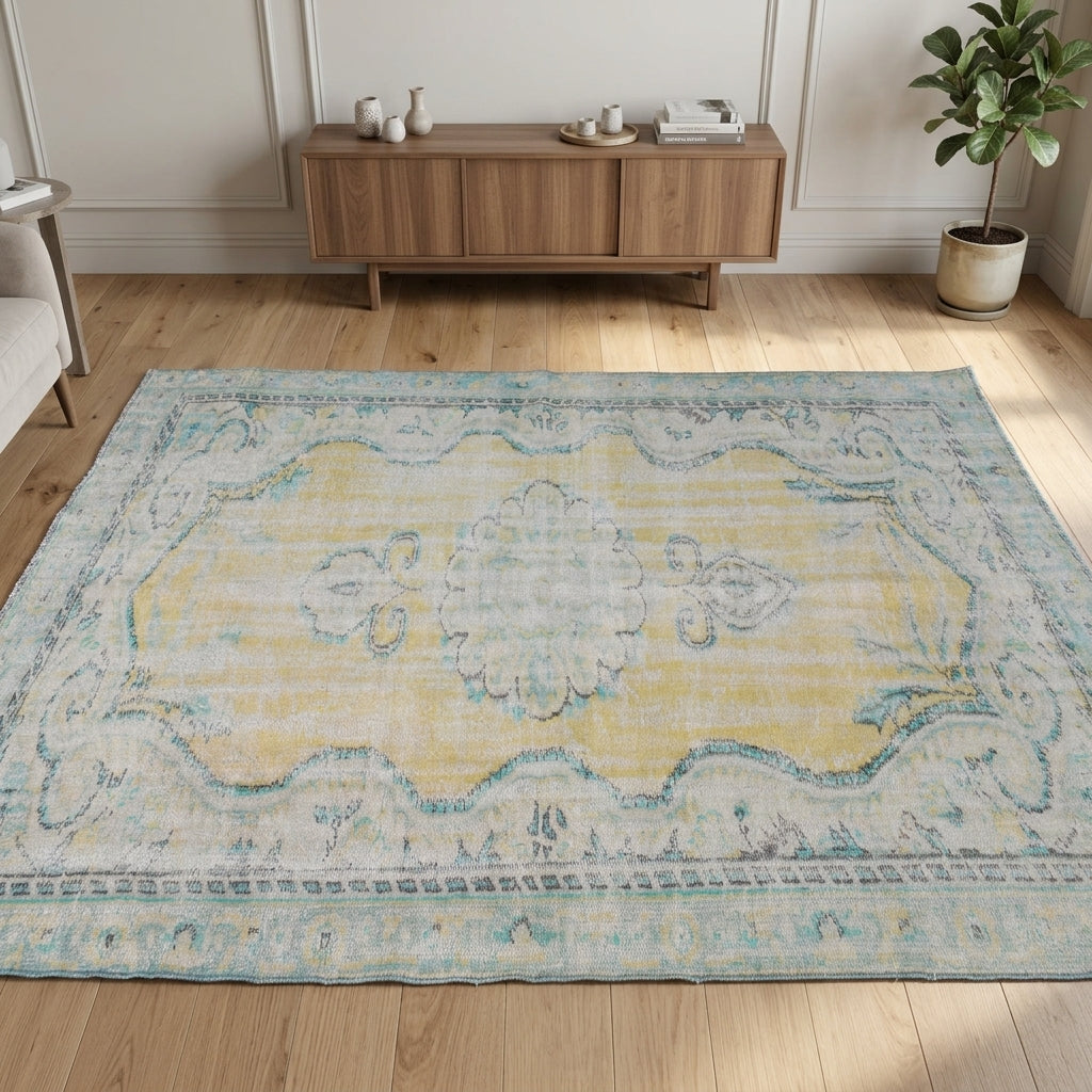 Oriental pattern on the Hedypheme antique washed vintage area rug – handmade in Anatolia, Turkey