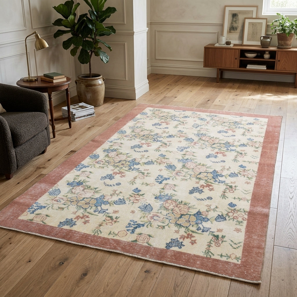 Floral and bordered pattern on the Hazanefruz vintage area rug – handmade in Anatolia, Turkey