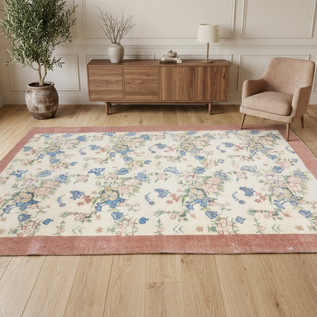 Floral and bordered pattern on the Hazanefruz vintage area rug – handmade in Anatolia, Turkey