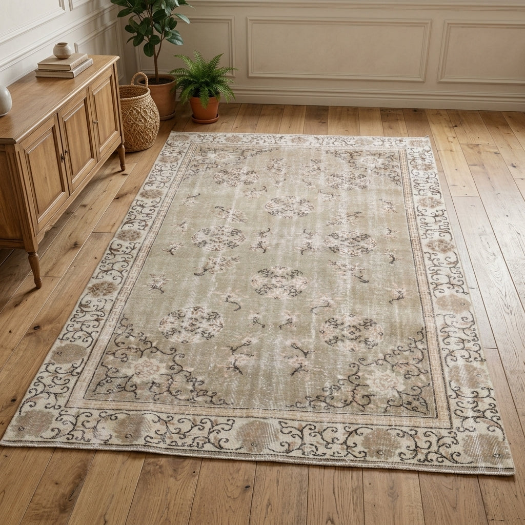 Floral pattern on the Gumusluk vintage area rug – handmade in Anatolia, Turkey