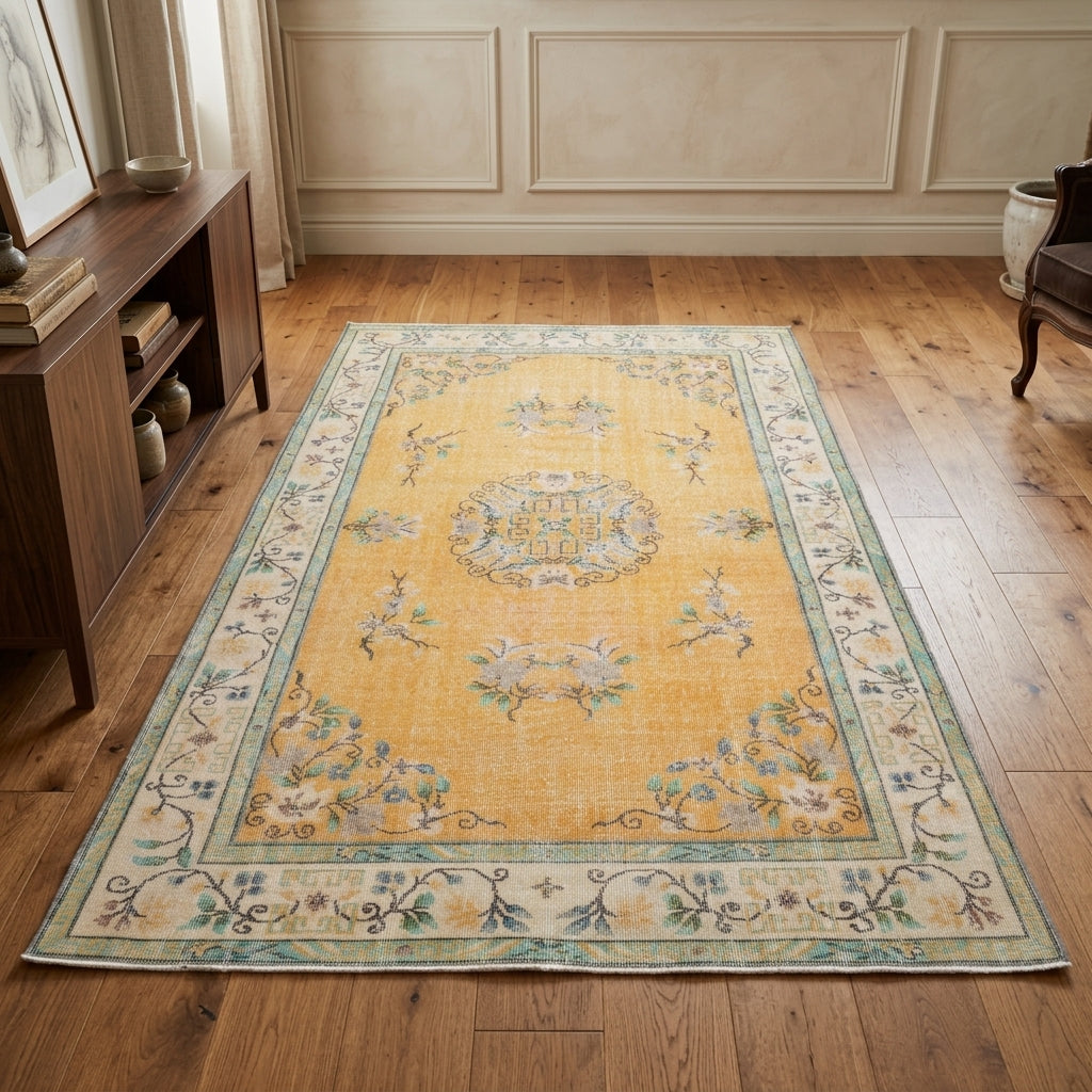 Medallion pattern on the Goncasu vintage area rug – handmade in Anatolia, Turkey