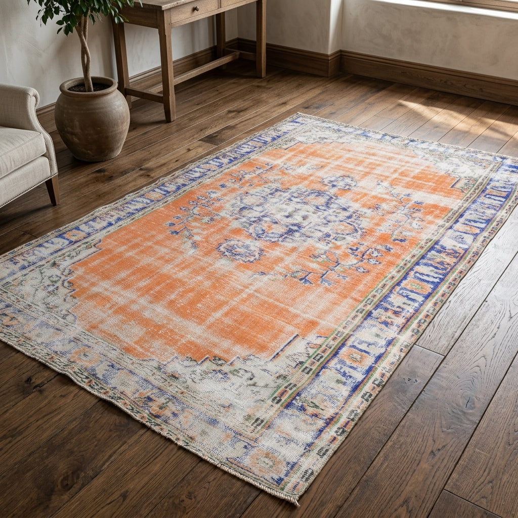 Oriental pattern on the Fulyanisin distressed vintage area rug – handmade in Anatolia, Turkey