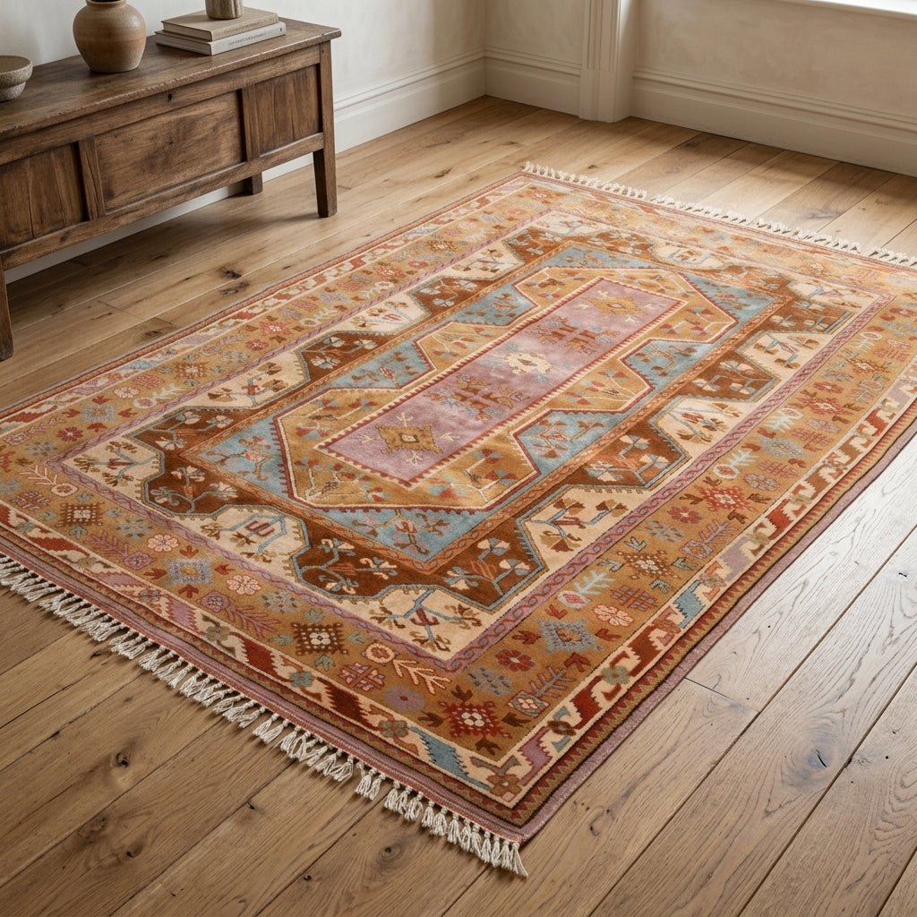 Tribal pattern on the Elmasperver vintage area rug – handmade in Milas, Turkey