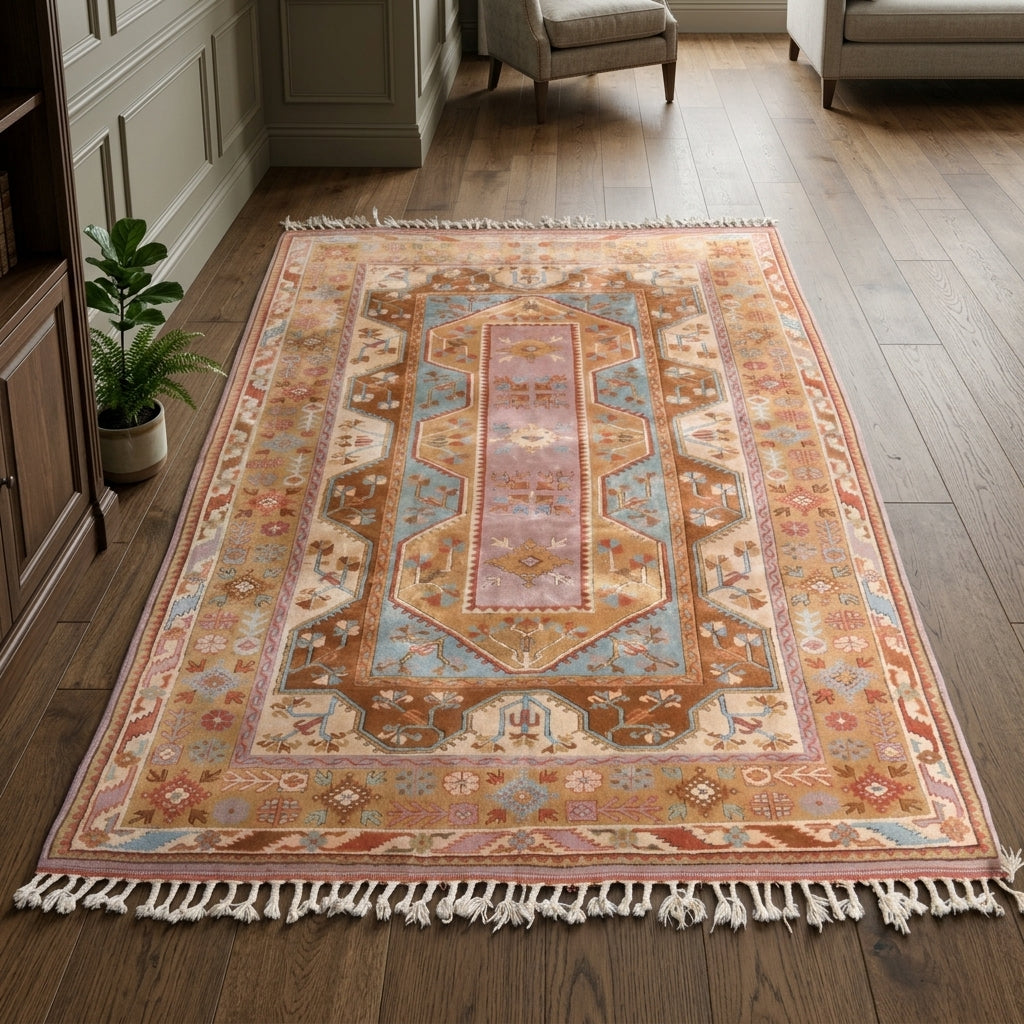 Tribal pattern on the Elmasperver vintage area rug – handmade in Milas, Turkey