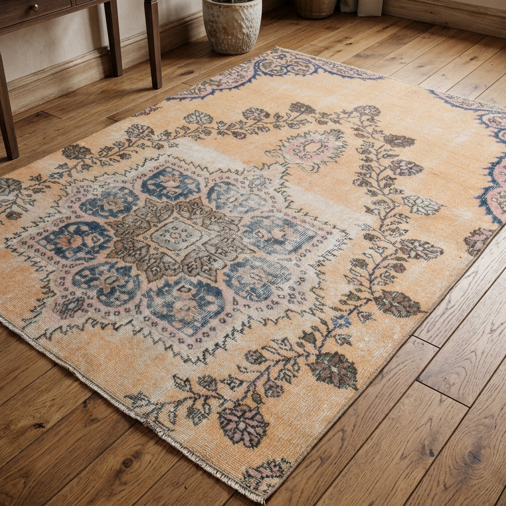 Oriental pattern on the Cyanodoxa vintage area rug – handmade in Anatolia, Turkey