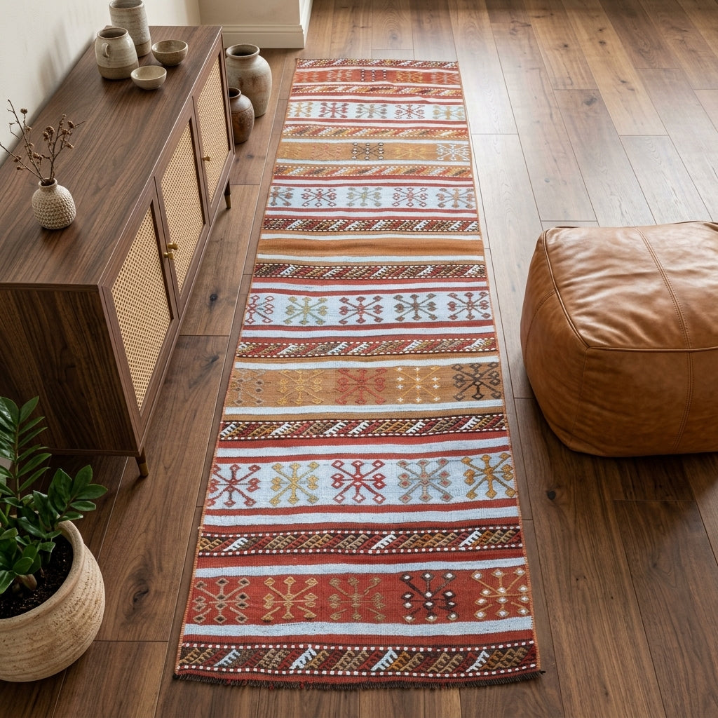 Pattern on the Zerrinaz vintage kilim runner rug – handwoven flatweave in Anatolia, Turkey
