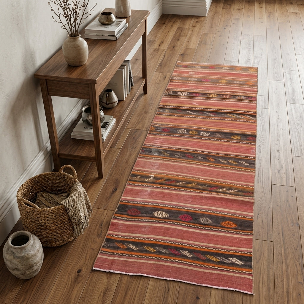 Striped pattern on the Zephyrophyllis vintage kilim runner rug – handwoven flatweave in Anatolia, Turkey
