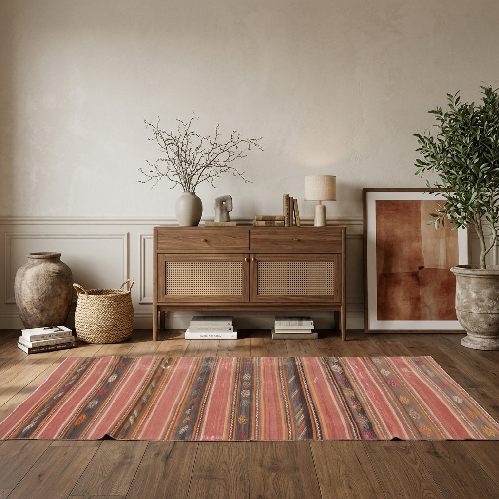 Striped pattern on the Zephyrophyllis vintage kilim runner rug – handwoven flatweave in Anatolia, Turkey