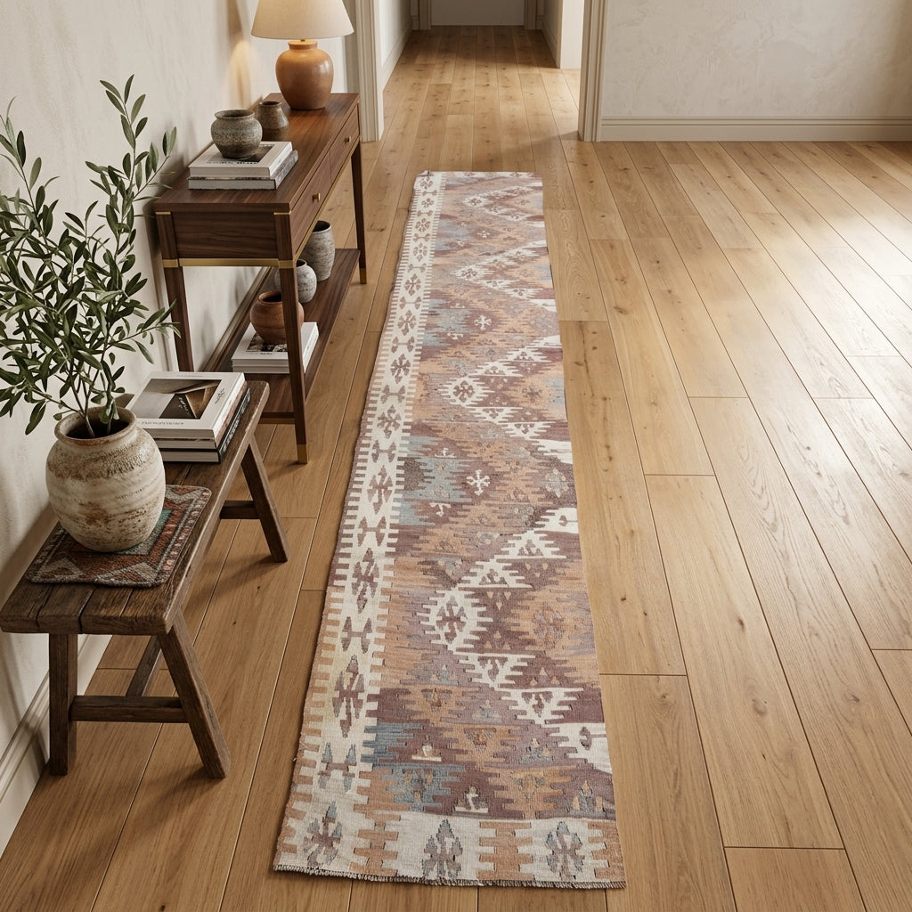 Ikat pattern on the Zephyropelia vintage kilim runner rug – handwoven flatweave in Anatolia, Turkey