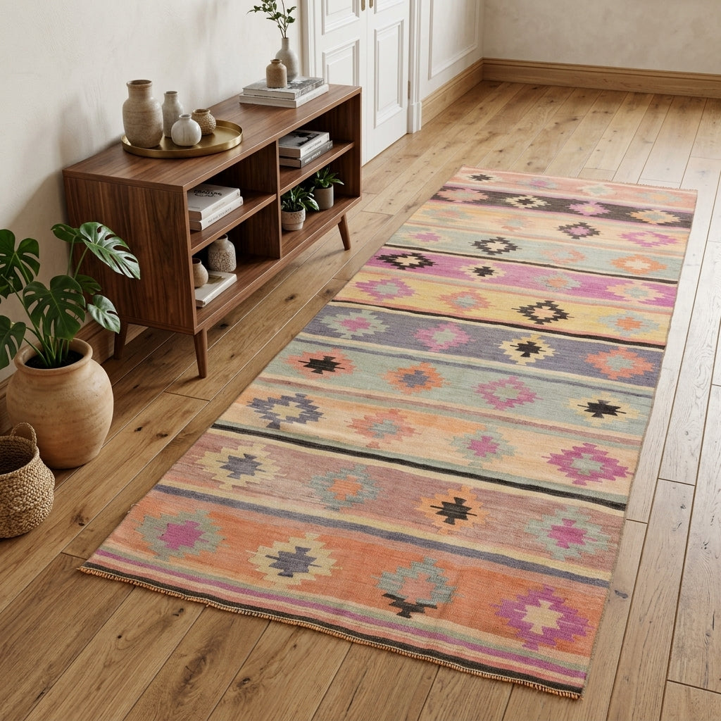 Ikat pattern on the Zephyrope vintage kilim runner rug – handwoven flatweave in Anatolia, Turkey