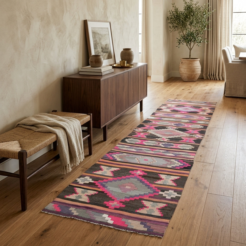 Pattern on the Zephyraura vintage kilim runner rug – handwoven flatweave in Anatolia, Turkey