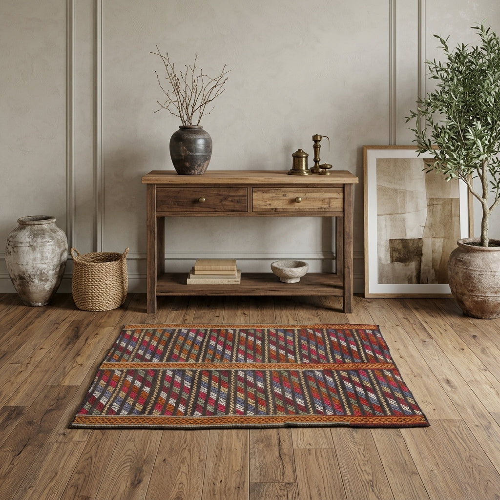 Ikat pattern on the Pelagopelia vintage kilim rug – handwoven flatweave in Anatolia, Turkey