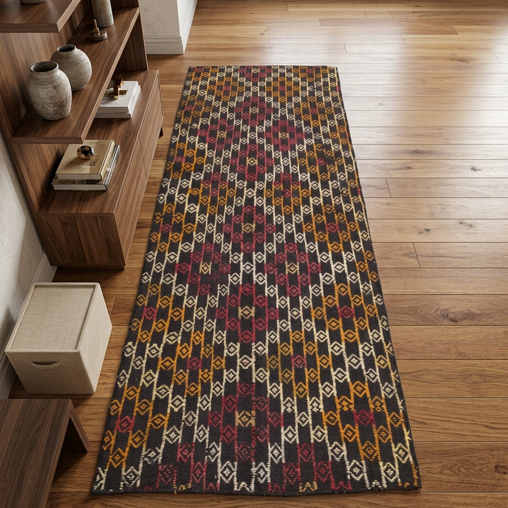 Ikat pattern on the Zenosela vintage kilim runner rug – handwoven flatweave in Anatolia, Turkey