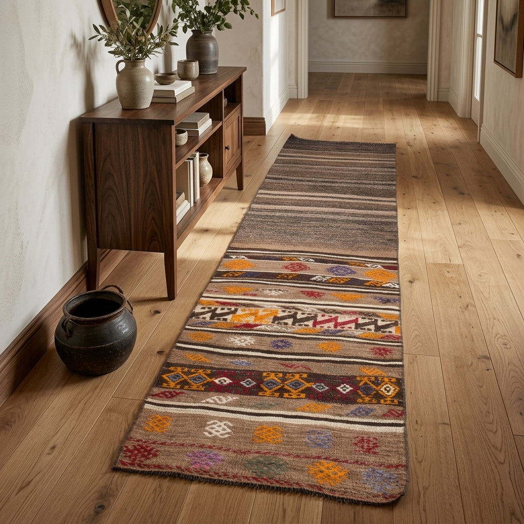 Striped pattern on the Zambakusa vintage kilim runner rug – handwoven flatweave in Anatolia, Turkey