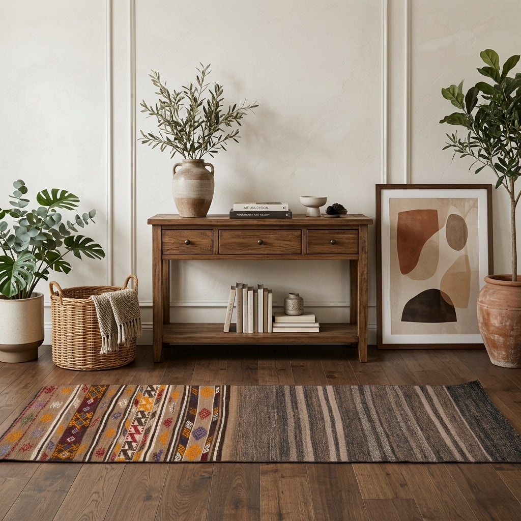 Striped pattern on the Zambakusa vintage kilim runner rug – handwoven flatweave in Anatolia, Turkey
