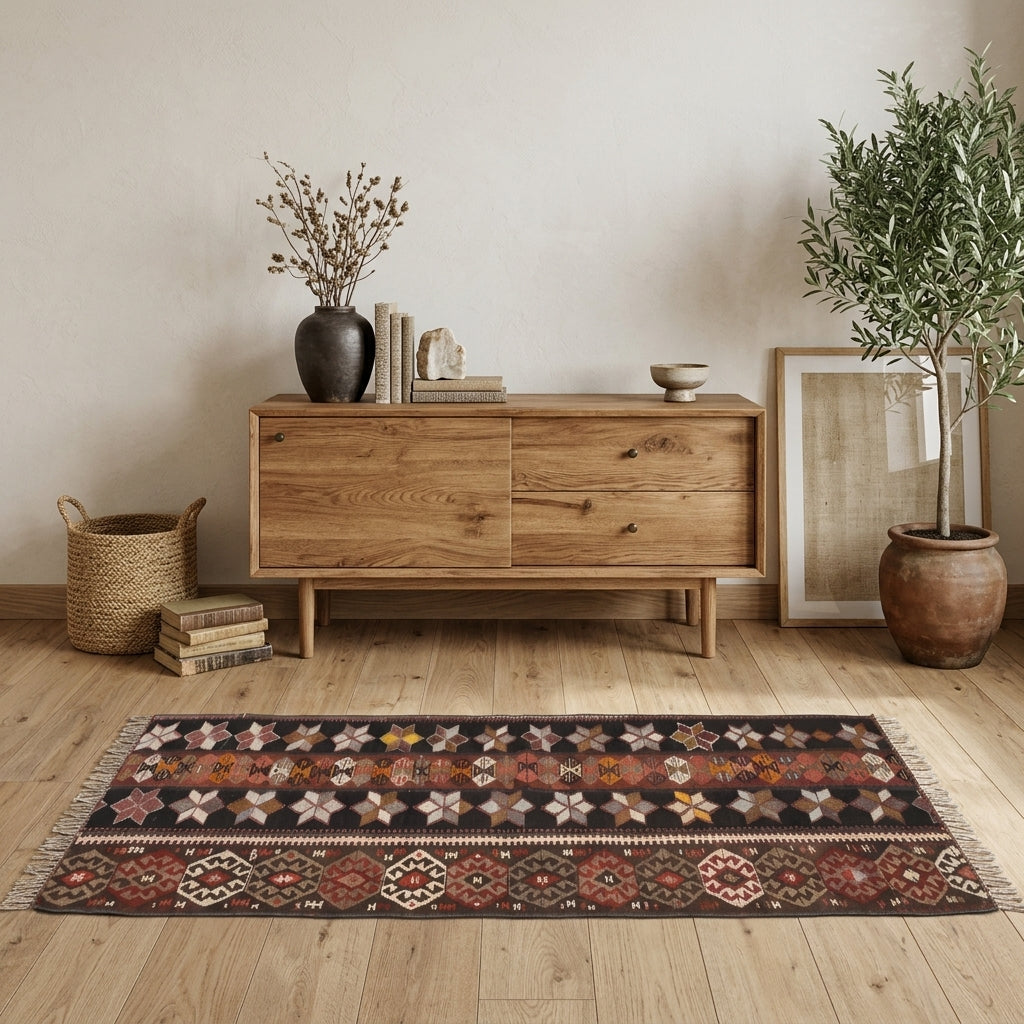 Ikat pattern on the Yeliznisin vintage kilim runner rug – handwoven flatweave in Anatolia, Turkey