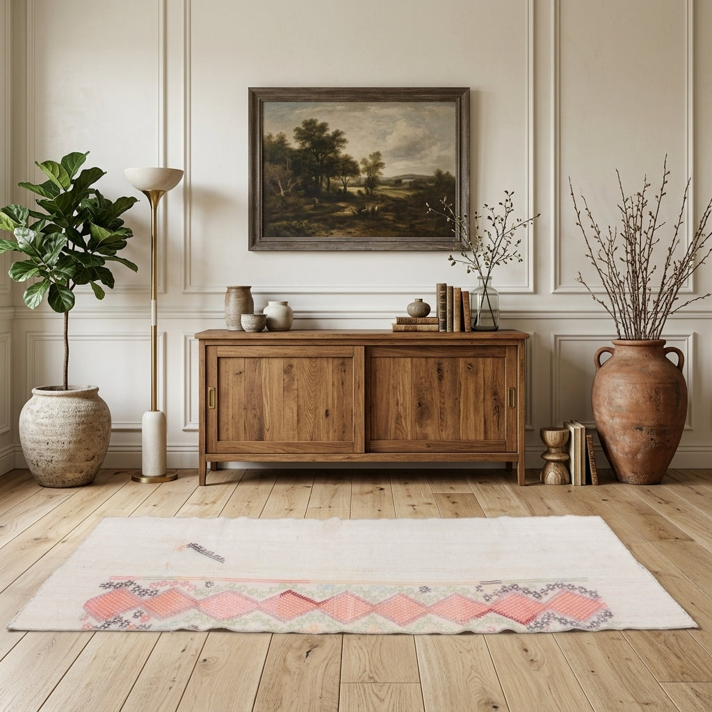 Solid pattern on the Yaprakbahce vintage kilim runner rug – handwoven flatweave in Anatolia, Turkey