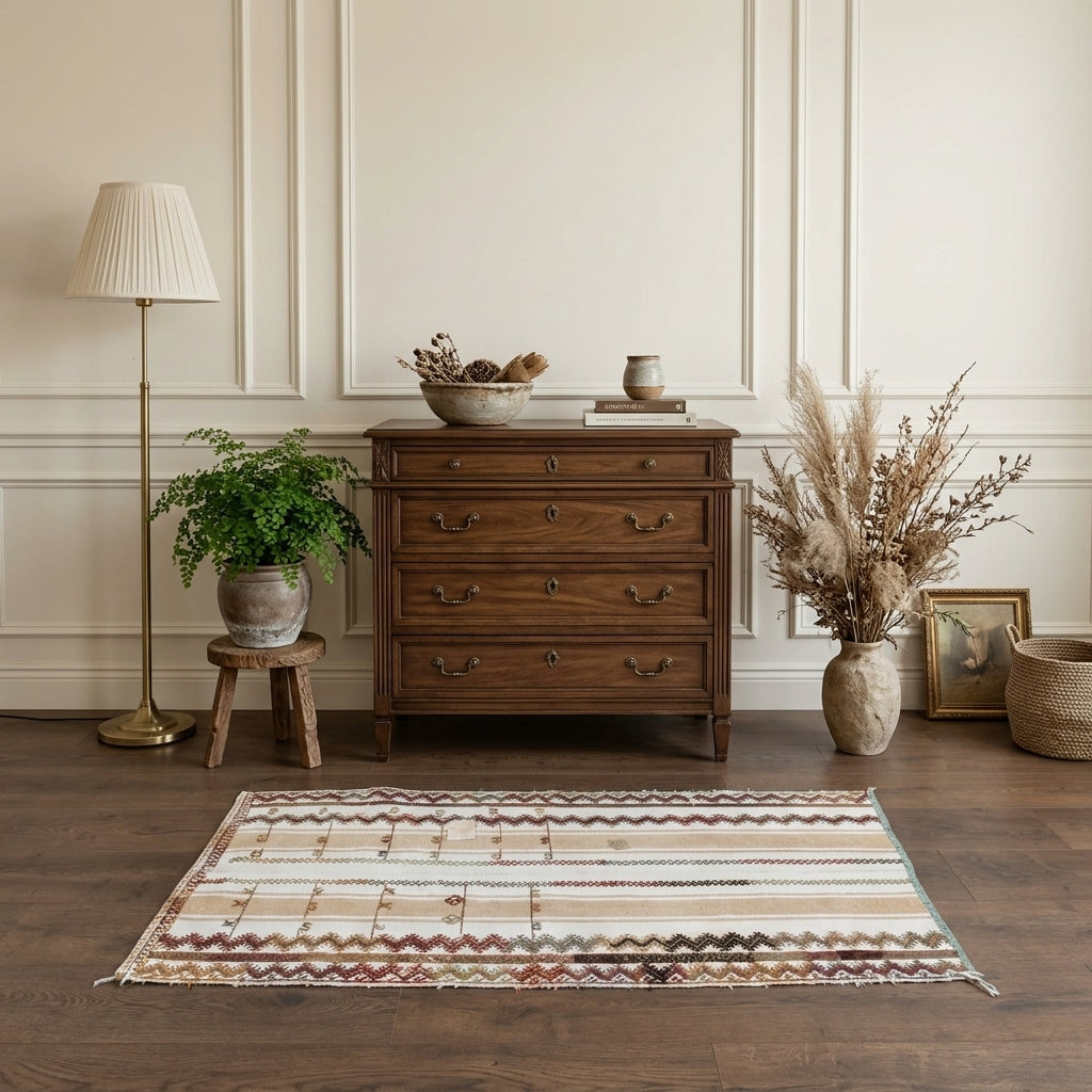 Ikat pattern on the Timothalia vintage kilim runner rug – handwoven flatweave in Anatolia, Turkey