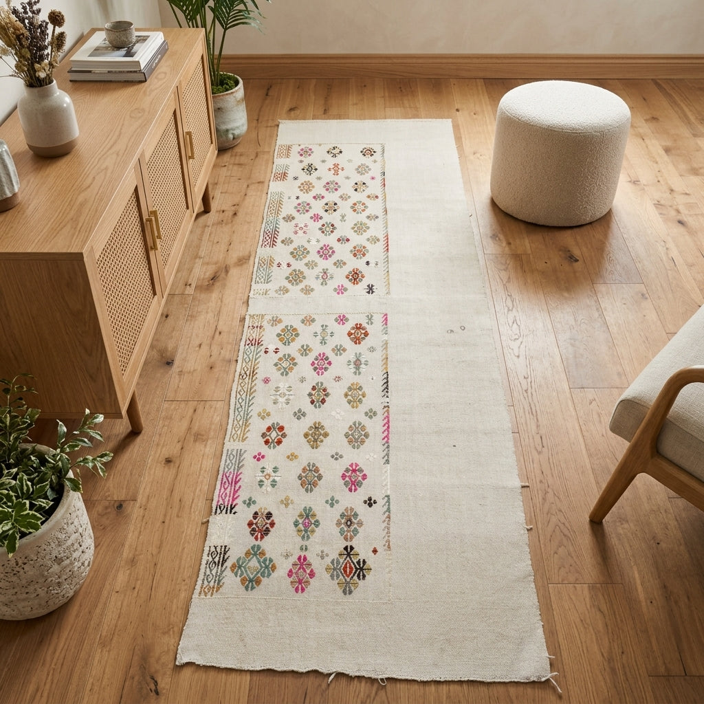 Solid pattern on the Theodike vintage kilim runner rug – handwoven flatweave in Anatolia, Turkey