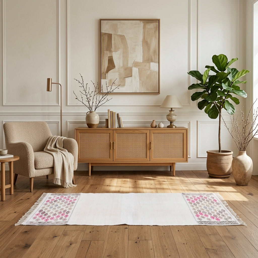 Oriental pattern on the Theippa vintage kilim runner rug – handwoven flatweave in Anatolia, Turkey
