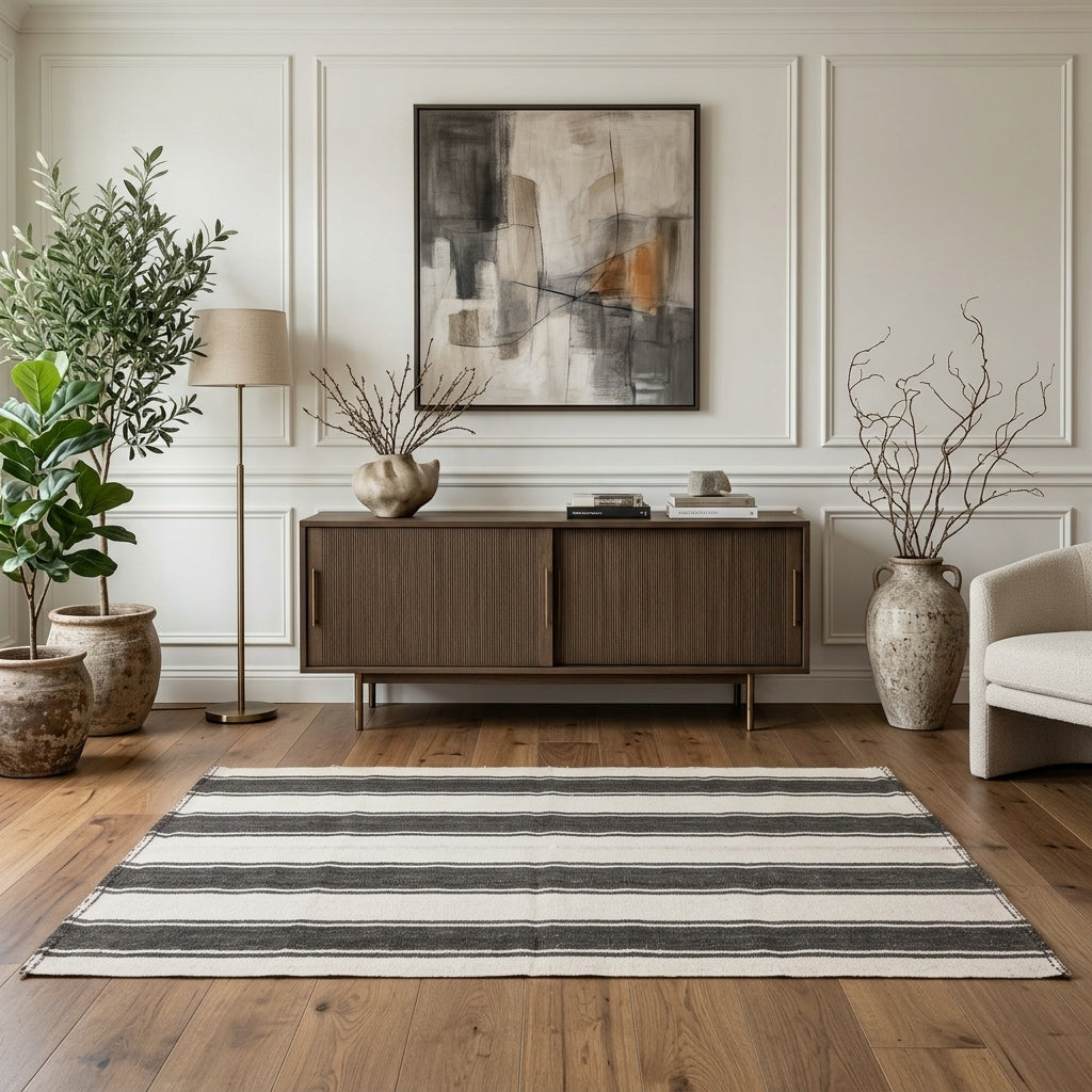 Striped pattern on the Termeh vintage kilim runner rug – handwoven flatweave in Anatolia, Turkey