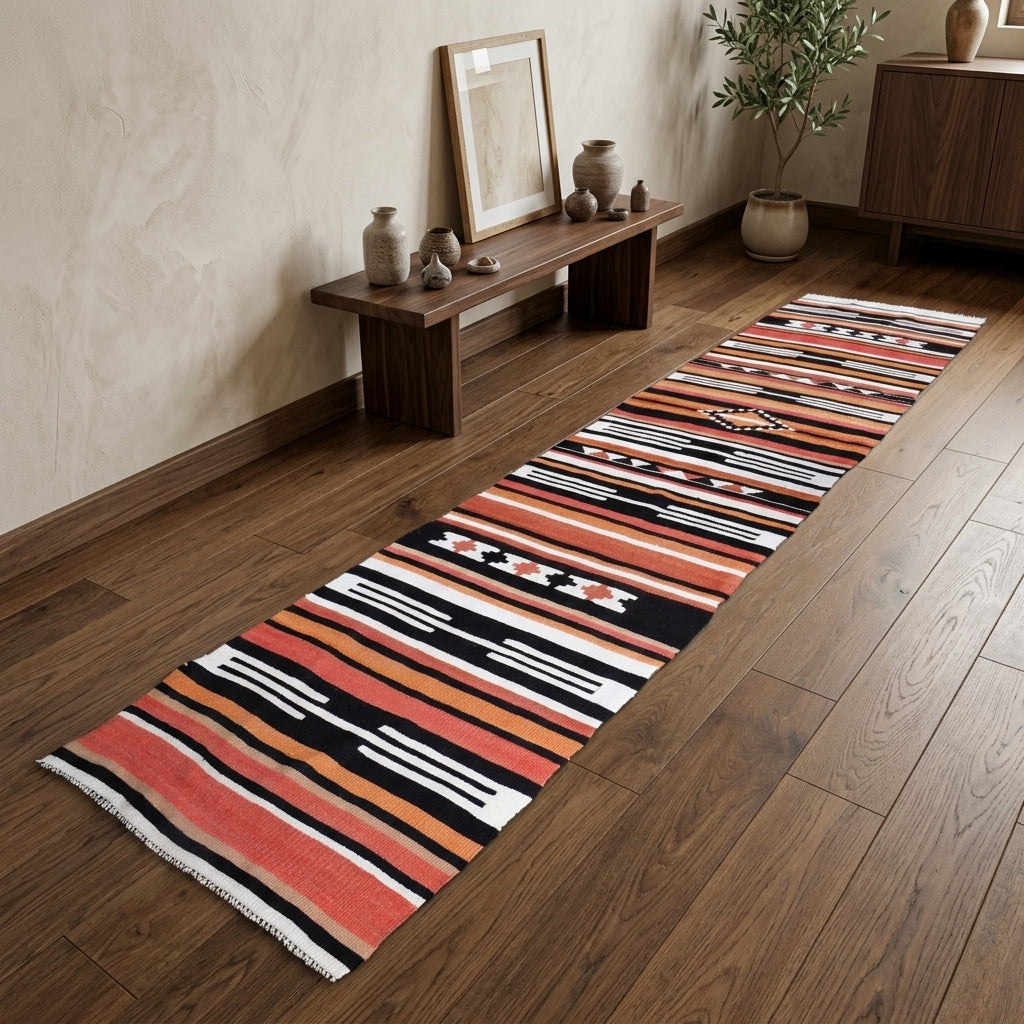 Striped pattern on the Stenomorphe vintage kilim runner rug – handwoven flatweave in Anatolia, Turkey