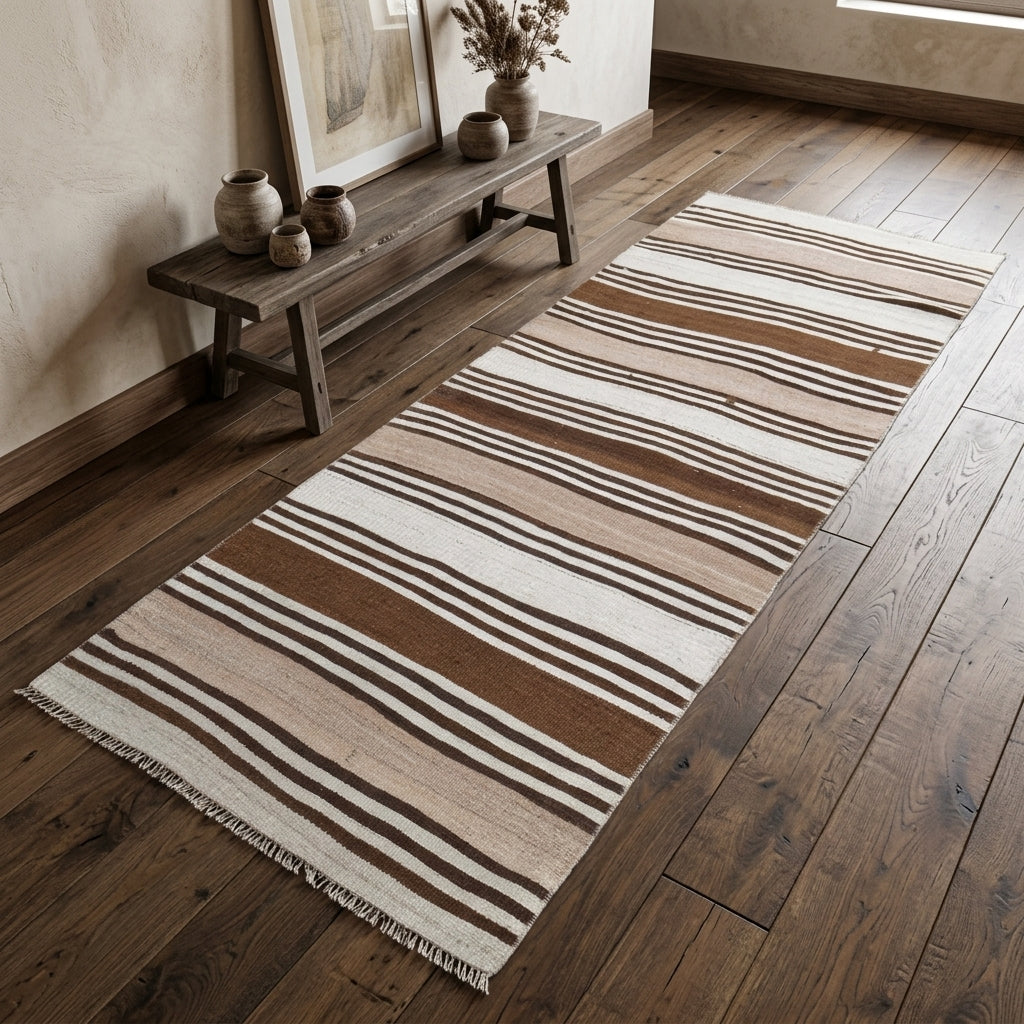 Striped pattern on the Stenomelpe vintage kilim runner rug – handwoven flatweave in Anatolia, Turkey