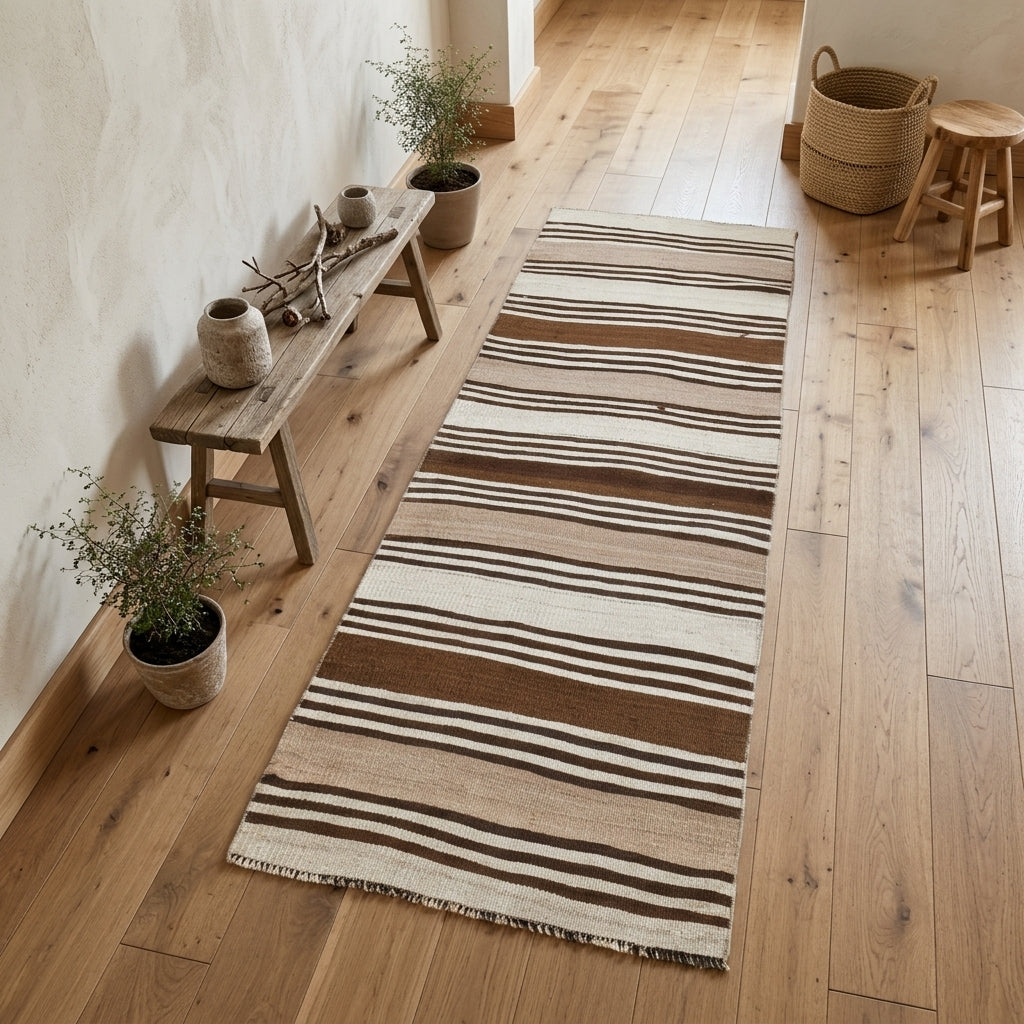 Striped pattern on the Stenomelpe vintage kilim runner rug – handwoven flatweave in Anatolia, Turkey