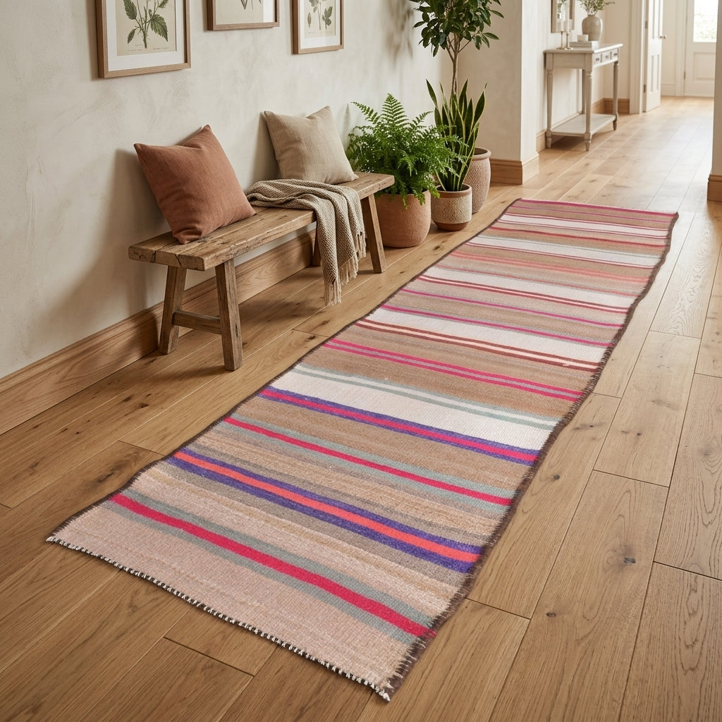 Striped pattern on the Sophropelia vintage kilim runner rug – handwoven flatweave in Anatolia, Turkey