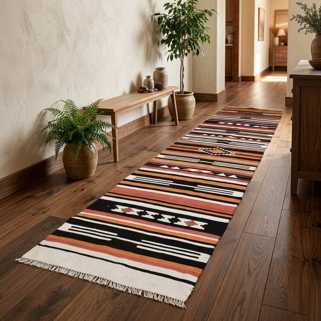 Striped pattern on the Smaragdolyra vintage kilim runner rug – handwoven flatweave in Anatolia, Turkey