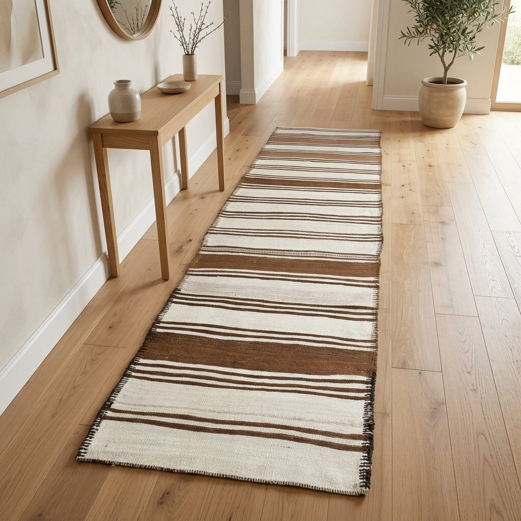 Striped pattern on the Siderophyllis vintage kilim runner rug – handwoven flatweave in Anatolia, Turkey