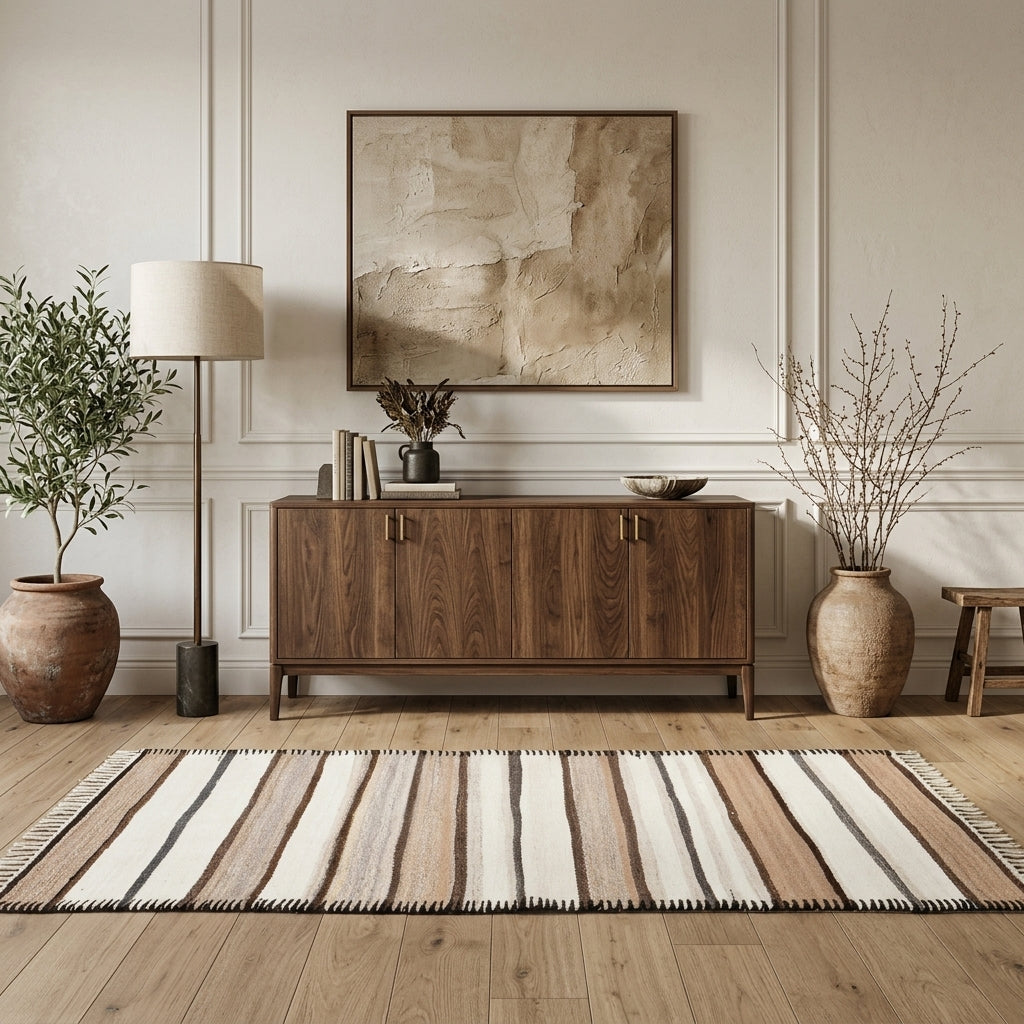 Striped pattern on the Semasever vintage kilim runner rug – handwoven flatweave in Anatolia, Turkey