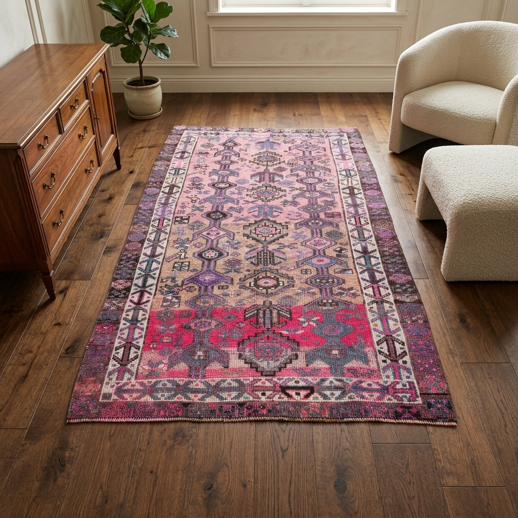 Ikat pattern on the Cansultan vintage area rug – handmade in Oushak, Turkey