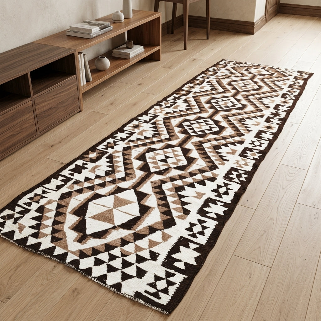 Ikat pattern on the Selensu vintage kilim runner rug – handwoven flatweave in Anatolia, Turkey