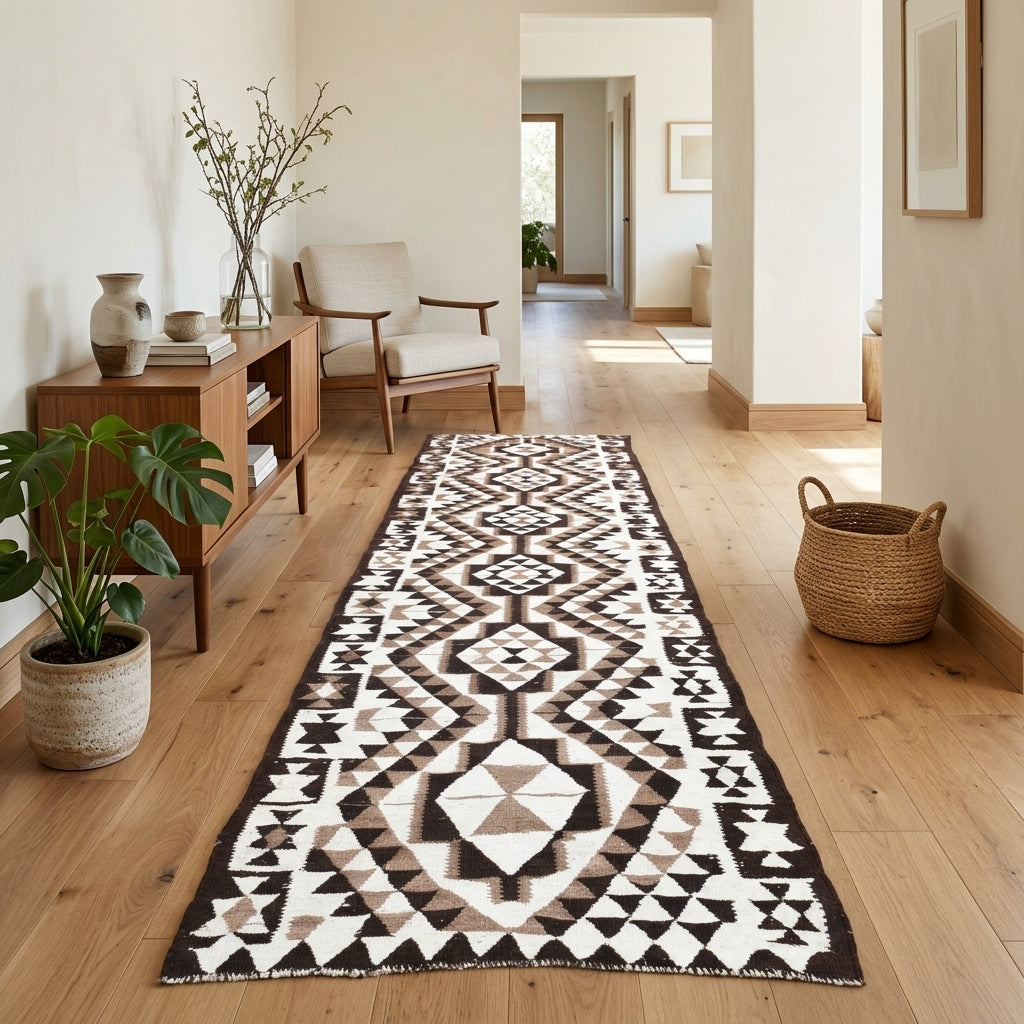 Ikat pattern on the Selensu vintage kilim runner rug – handwoven flatweave in Anatolia, Turkey