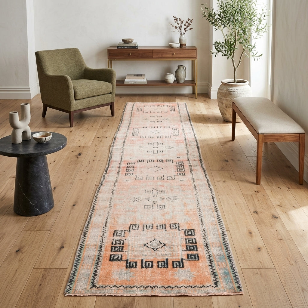 Oriental pattern on the Sedef antique washed vintage runner rug – handmade in Anatolia, Turkey