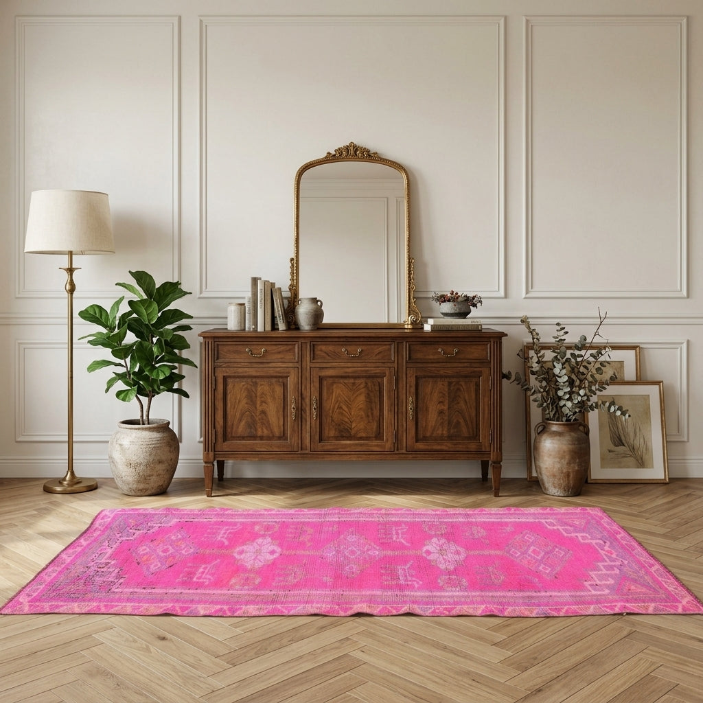 Oriental pattern on the Sebperi overdyed vintage runner rug – handmade in Anatolia, Turkey