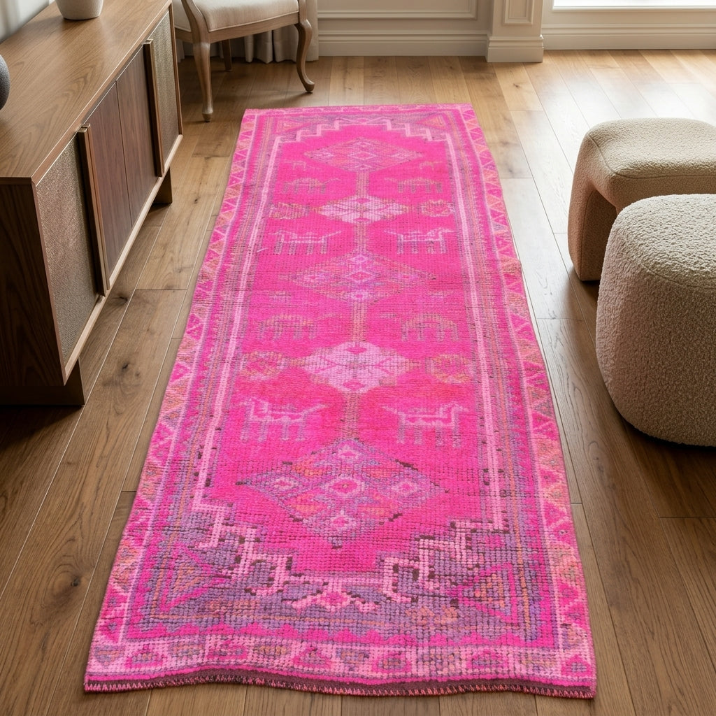 Oriental pattern on the Sebperi overdyed vintage runner rug – handmade in Anatolia, Turkey