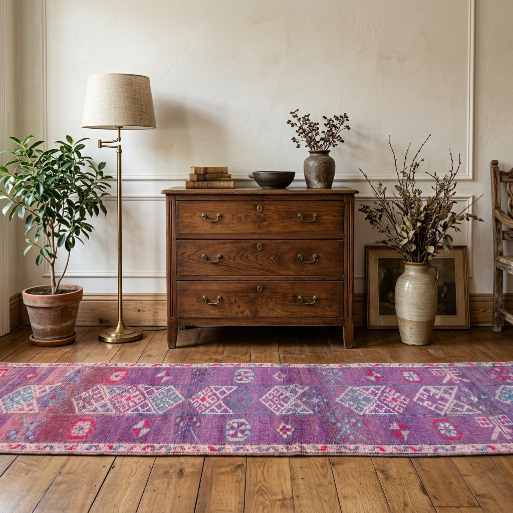Oriental pattern on the Sabahsad vintage kilim runner rug – handwoven flatweave in Anatolia, Turkey
