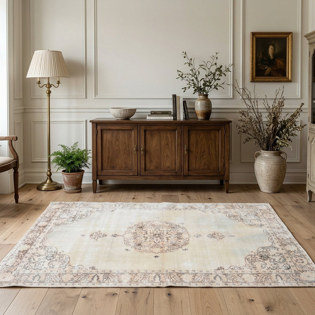 Oriental pattern on the Busebike antique washed vintage area rug – handmade in Anatolia, Turkey