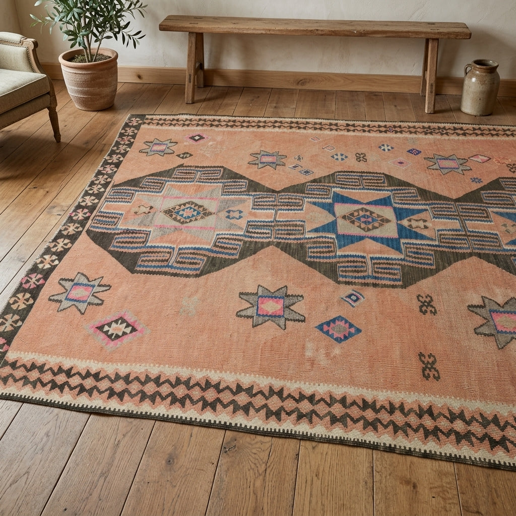 Pattern on the Nihanperver vintage kilim runner rug – handwoven flatweave in Anatolia, Turkey