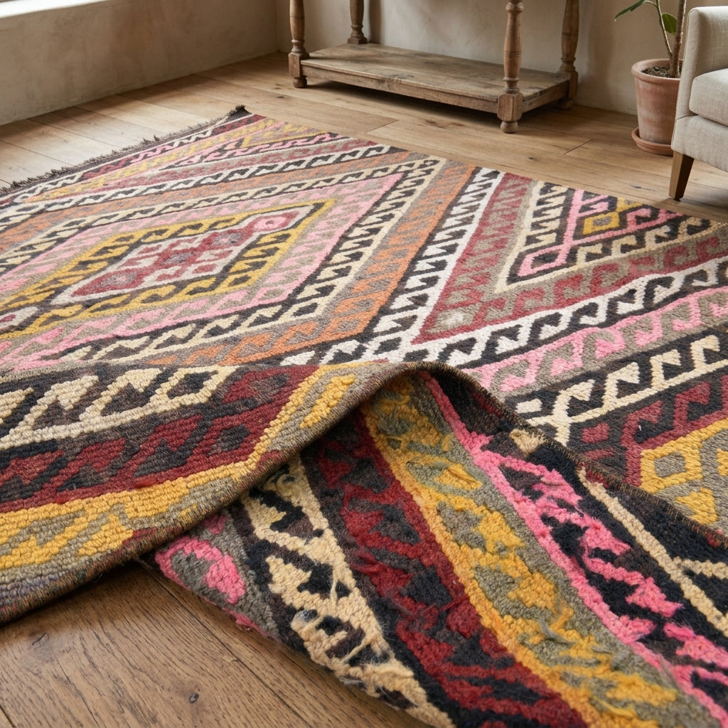 Pattern on the Pembeisik vintage kilim runner rug – handwoven flatweave in Anatolia, Turkey