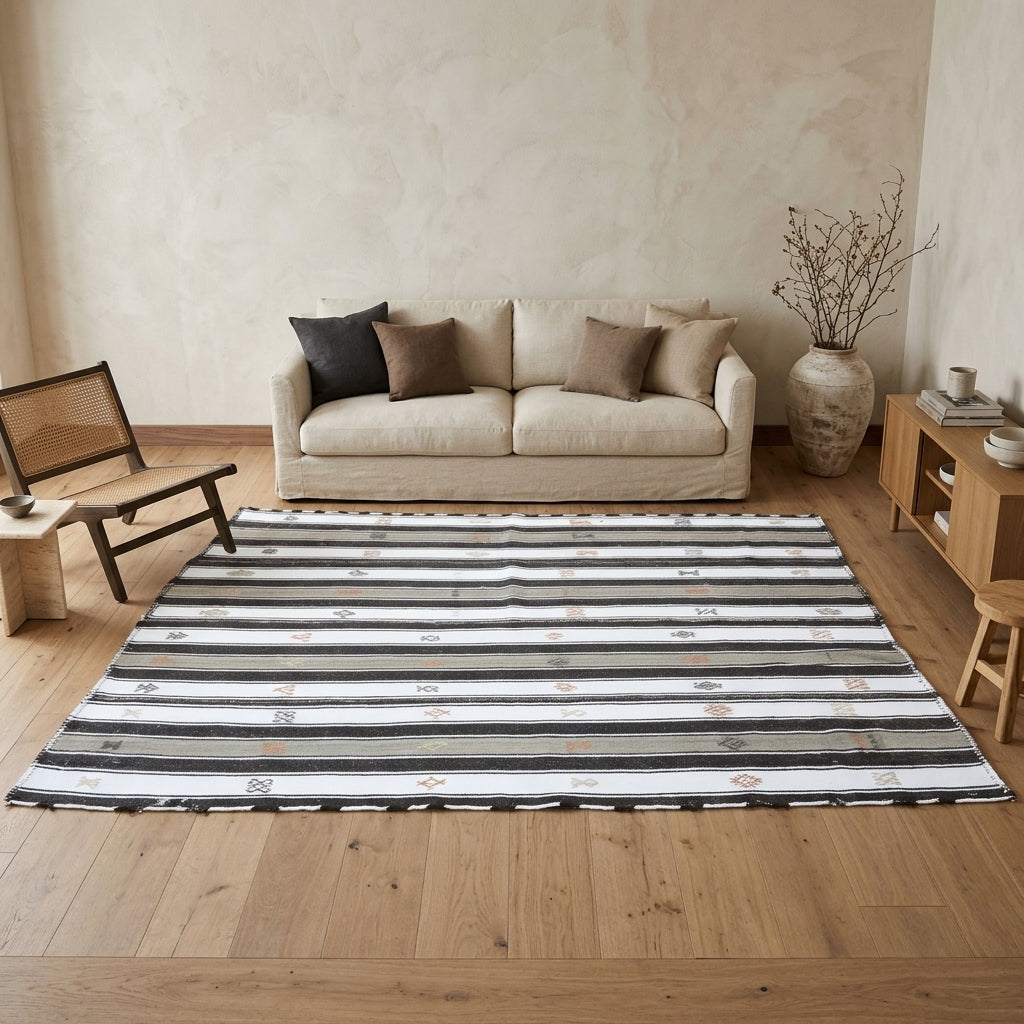 Striped pattern on the Eleuthegena vintage kilim rug – handwoven flatweave in Anatolia, Turkey