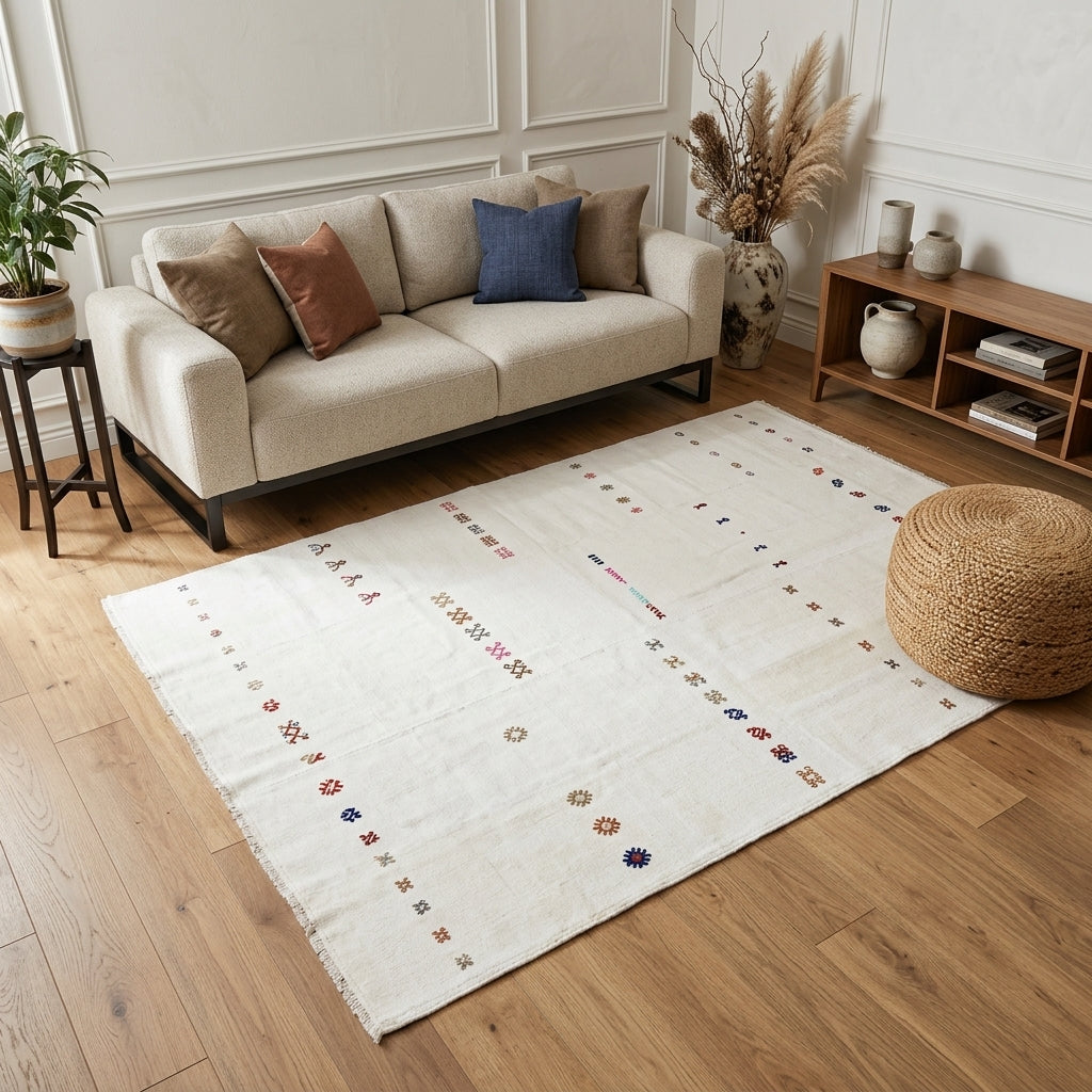 Striped pattern on the Baharcihan vintage kilim rug – handwoven flatweave in Anatolia, Turkey
