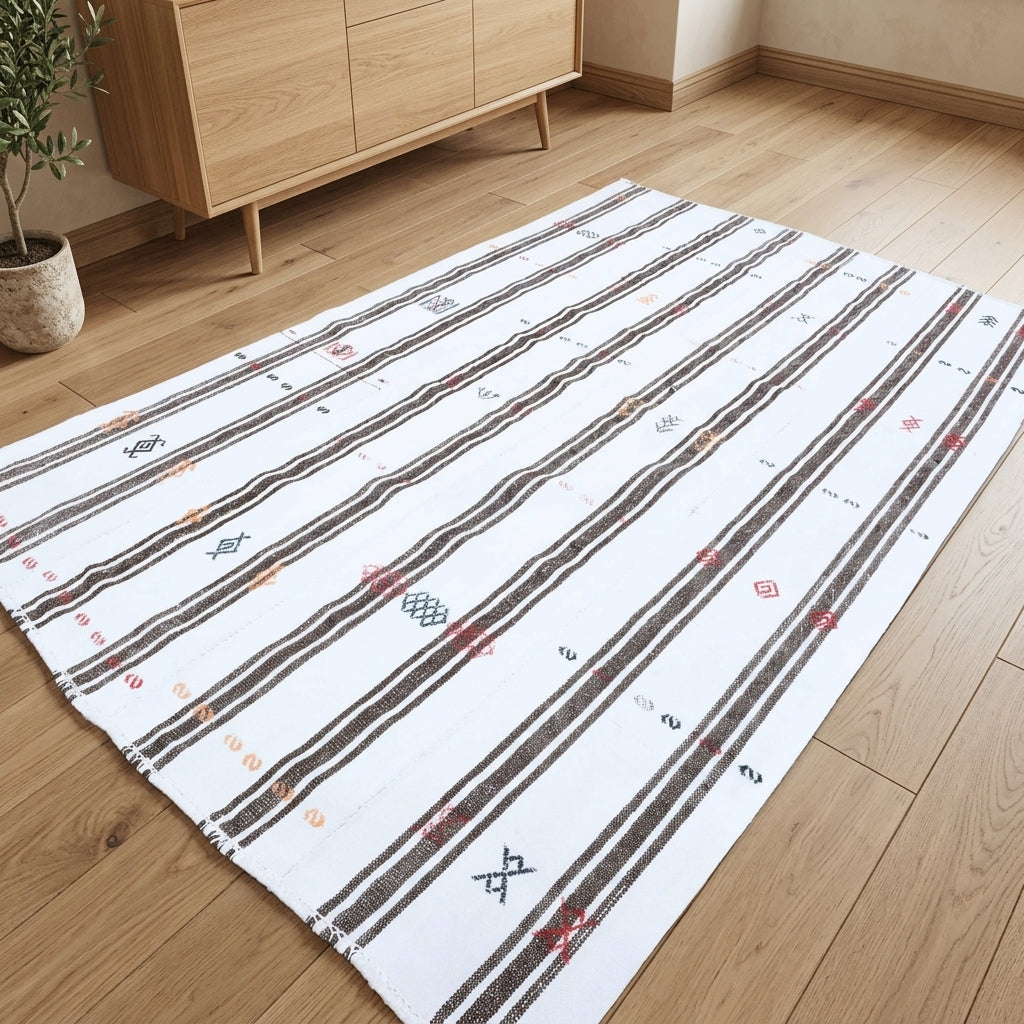 Striped pattern on the Serinsever vintage kilim rug – handwoven flatweave in Anatolia, Turkey