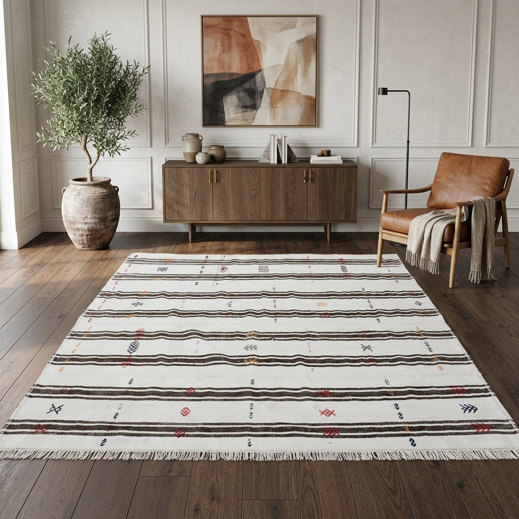 Striped pattern on the Serinsever vintage kilim rug – handwoven flatweave in Anatolia, Turkey