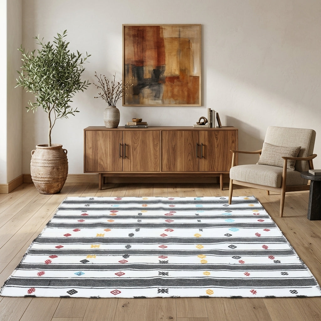 Striped pattern on the Aygulnur vintage kilim rug – handwoven flatweave in Anatolia, Turkey