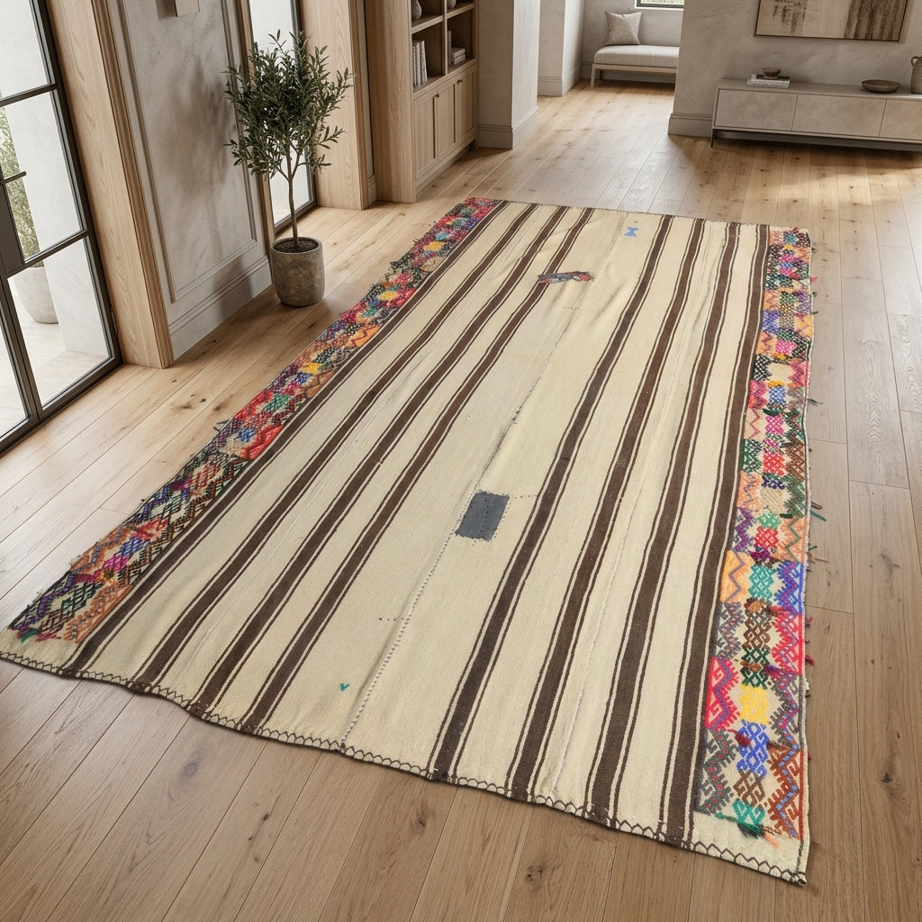 Striped pattern on the Serinban vintage kilim rug – handwoven flatweave in Anatolia, Turkey