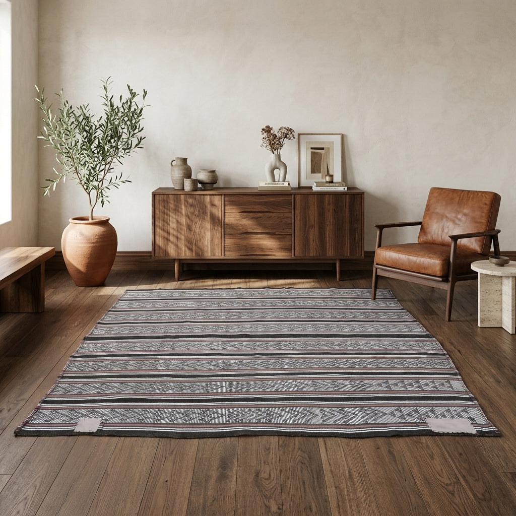 Ikat pattern on the Anthopheme vintage kilim rug – handwoven flatweave in Anatolia, Turkey