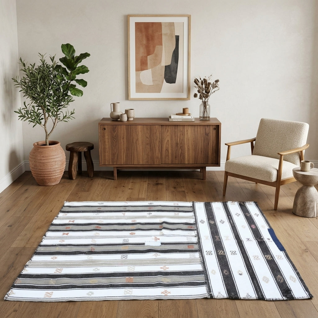 Striped pattern on the Amaranthtima vintage kilim rug – handwoven flatweave in Anatolia, Turkey